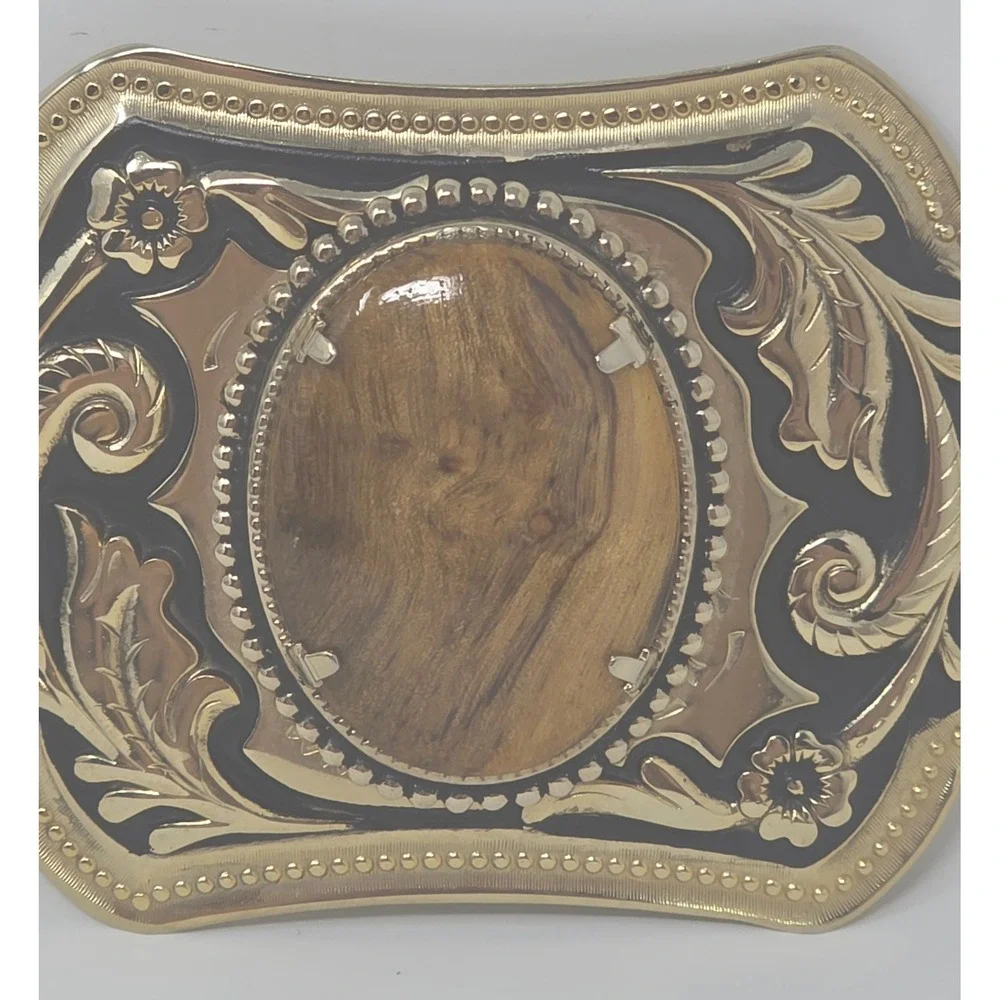 Vintage Western Belt Buckle Two Tone Gold Black Wood-Grain Cabochon Inlay